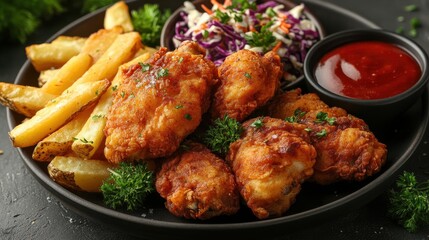 crispy fried chicken served with potato fries coleslaw and dipping sauce arranged on a rustic tabletop