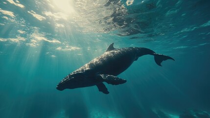 Fototapeta premium A whale gently swimming through turquoise waters, with soft sunlight filtering through the surface.