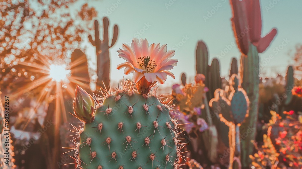 Poster close-up of a cactus plant with a single pink flower on top of it. the cactus has spines and the flo