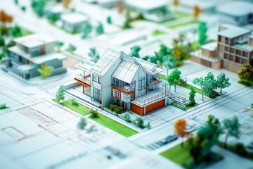 Modern architectural model of contemporary urban house design on blueprint background