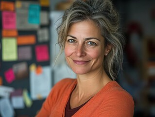 Fototapeta premium Confident Woman in Creative Workspace with Colorful Sticky Notes
