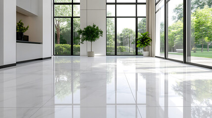 Low-angle wide shot of a polished white marble floor reflecting natural light from large glass windows
