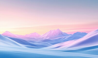 Scenic snow-covered mountain range glowing under soft pastel sunrise hues, creating a peaceful and majestic winter landscape