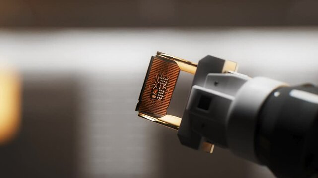 Robotic arm is handing over a semiconductor micro chip with AI to another robot. Part of a series animated videos of semiconductors and microchips being installed by robots on a mother board.