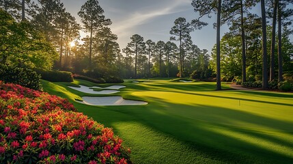 Obraz premium golf landscape with lush greens pine trees and vibrant flowers in sunset light showing premium golf course concept