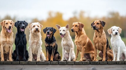 Different dog breeds standing on a bridge, with a forested landscape in the background.