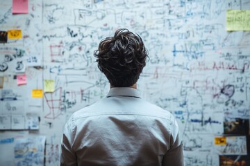 Young caucasian male analyzing complex ideas on a whiteboard