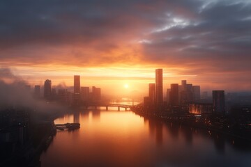 Fototapeta premium A mesmerizing scene of a foggy sunset that envelops modern skyscrapers, showcasing a blend of atmospheric mystery and urban beauty at twilight.