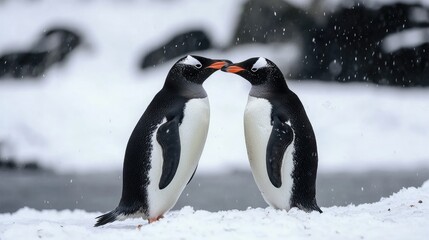 Fototapeta premium Penguins interacting in a frozen cove, their beaks touching.