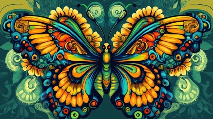 Ornate colorful butterfly with floral wings.