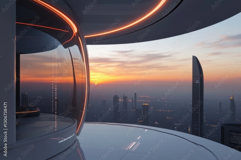 Poster a spectacular view from a futuristic structure captures a panoramic perspective of a glowing sunset 