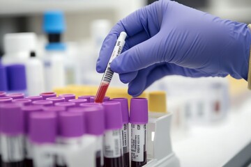 Gloved hand handling blood samples in medical laboratory
