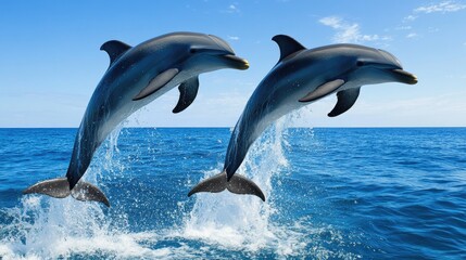 Obraz premium Two dolphins leaping side by side under a bright blue sky.