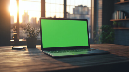 3d realistic render of laptop with green screen chroma key monitor in modern office cafe with warm lighting sunlight windows real atmosphere