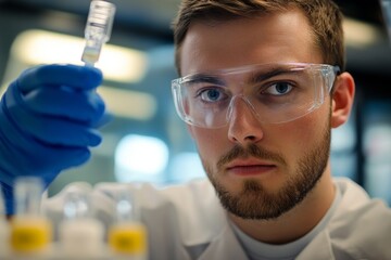 Young caucasian male scientist examining sample in laboratory setting with focused expression