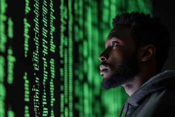 African male analyzing green data code projection at night