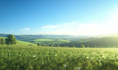 Fototapeta premium Scenic view of rolling green hills under a clear blue sky, illuminated by warm sunlight creating a peaceful rural landscape