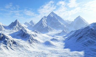 Obraz premium Scenic view of a snow-covered mountain range under a clear blue sky, with sunlight highlighting the peaks and creating a crisp, serene atmosphere