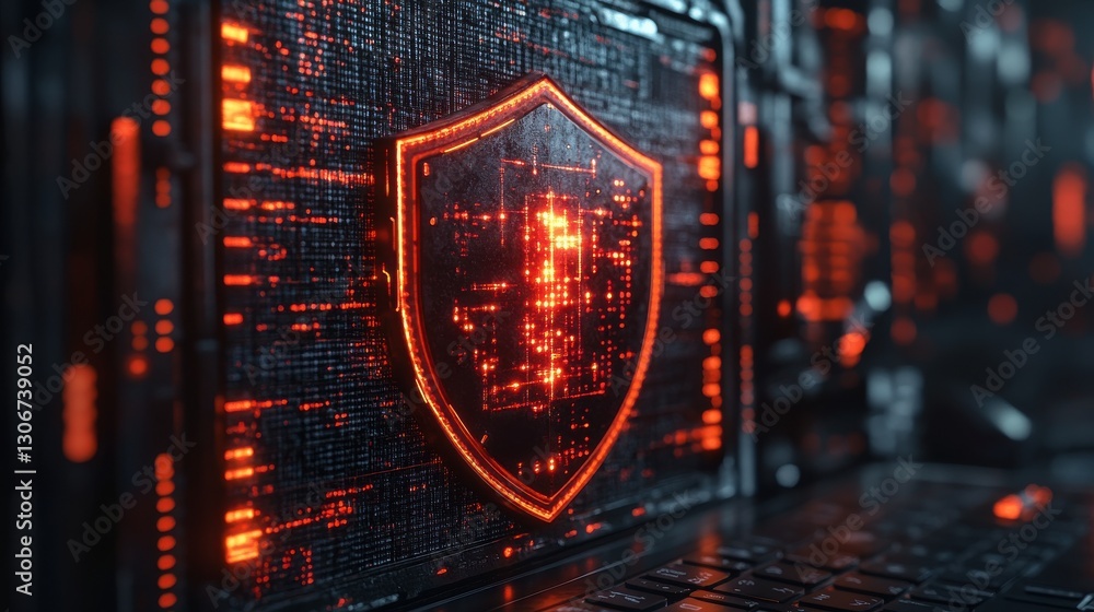 Aufkleber cyber security shield displayed on laptop screen in digital environment background