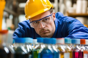 Caucasian male chemist in safety gear analyzing chemical samples in industrial setting