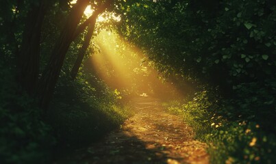 Fototapeta premium Scenic woodland path bathed in soft golden light streaming through dense green trees, creating a tranquil natural scene