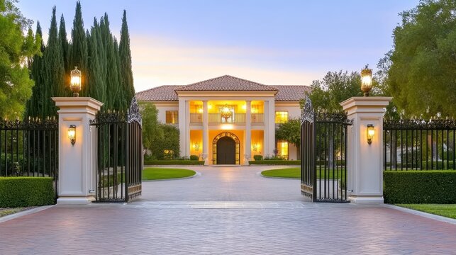 Elegant mansion with grand entrance, surrounded by lush greenery at sunset, showcasing luxury lifestyle