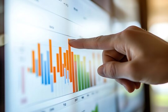 Close-up of hand analyzing data on interactive digital bar chart display