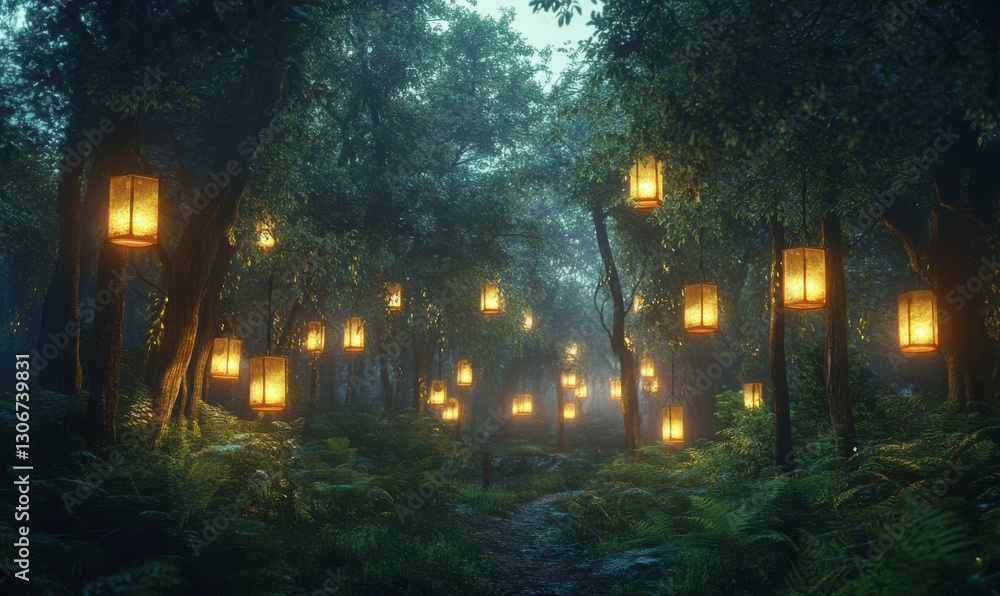 Poster serene forest clearing illuminated by vibrant lanterns creating a tranquil and magical natural setti