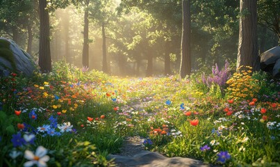 Serene forest clearing bathed in golden sunlight, with vibrant wildflowers scattered on the forest floor .