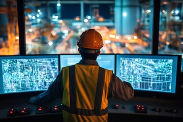 Male engineer monitoring industrial facility at night on multiple screens