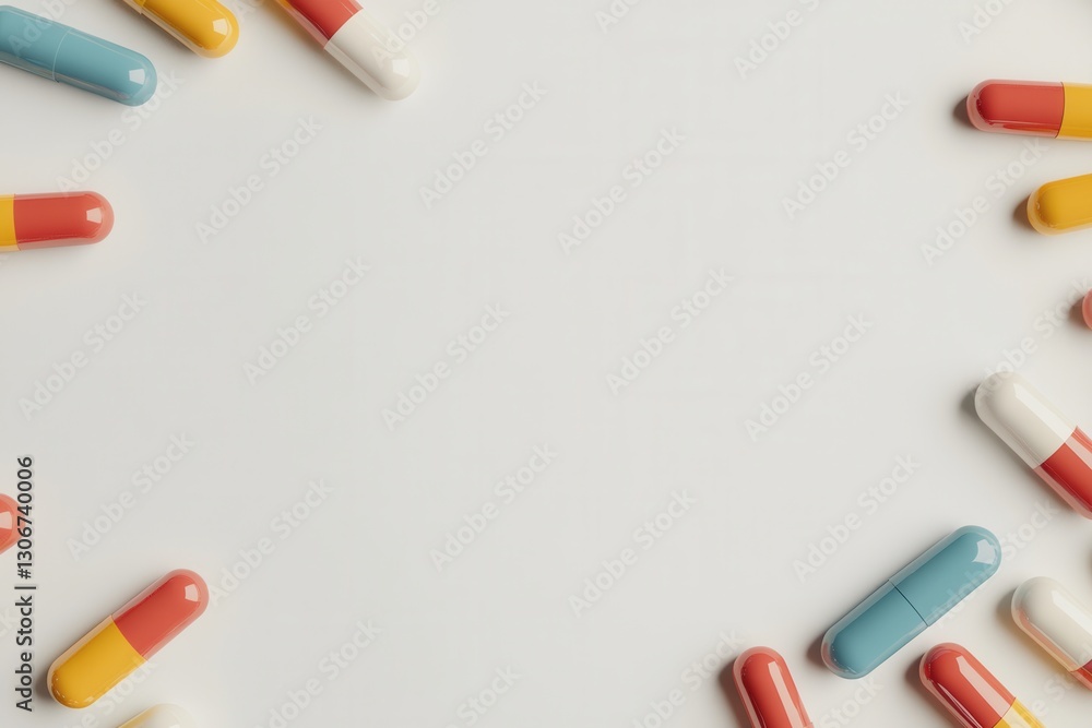 Poster scattered colorful capsules on a minimalist background showcasing detailed medical representation an