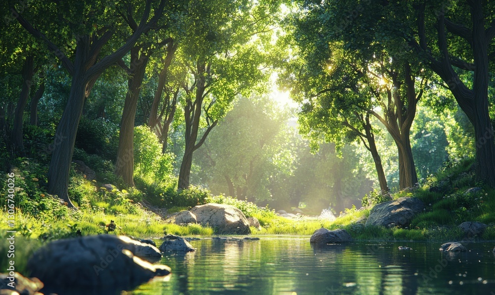 Poster serene forest scene illuminated by warm sunlight streaming through trees, creating a calming and nat