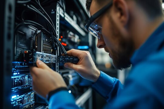Young caucasian male technician working on data server equipment in data center