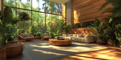 Fototapeta premium Modern Living Room with Green Sofas and Natural Light