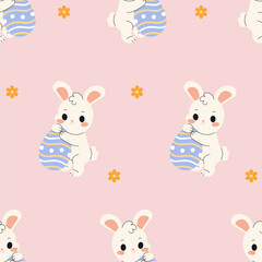 Seamless pattern of Easter bunnies with eggs and yellow flowers, perfect for holiday, spring, and festive design projects.