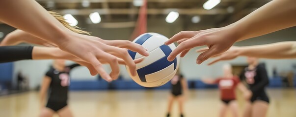Volleyball players reach for the ball during an indoor game