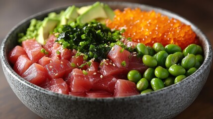 delicious and nutritious poke bowl featuring fresh tuna avocado edamame and seaweed topped with soy sauce
