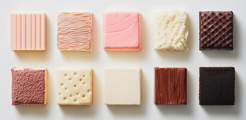 Fototapeta premium Selection of Textured Frosting Patterns Displayed on Delicious Square Cakes