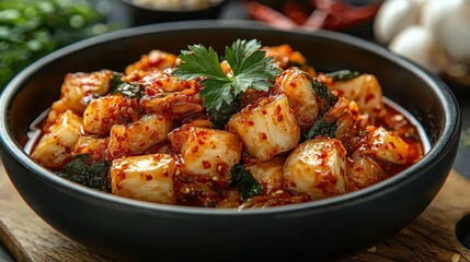 delicious and vibrant traditional korean kimchi served in a black bowl accompanied by garlic and chili pepper showcasing its rich and authentic flavor