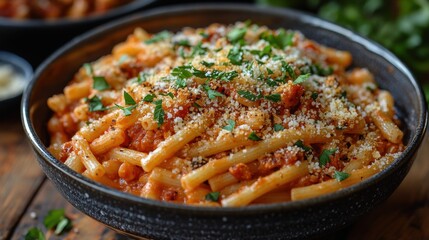 Fototapeta premium delicious bowl of cheesy pasta with crumb topping and fresh parsley garnish