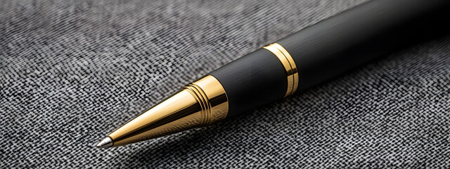 A sleek, black and gold pen with its tip pointing upwards on the tabletop
