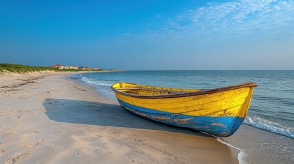 Naklejka premium Yellow boat, sandy beach, coastal village, calm sea, summer travel