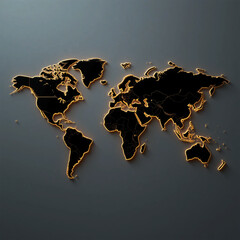 Minimalist Luxury World Map with Glowing Golden Outline, Elegant Black and Gold Global Map, Modern High-End Geography Design