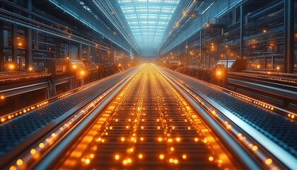 Fototapeta premium Futuristic Sustainable Tech Factory Hall with Energy Efficient Lighting