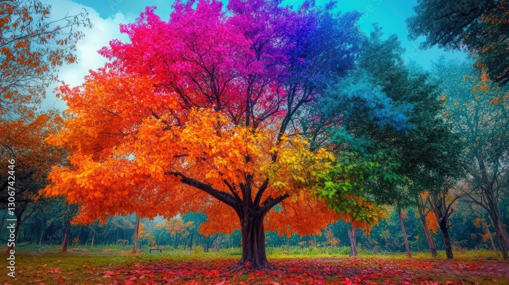 Poster kaleidoscopic spectrum tree display with vibrant multi colored foliage