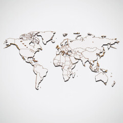 Elegant Metallic Outline World Map: Minimalist Cartography Design with Subtle Gold Accents
