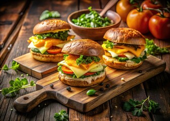 Surreal breakfast sandwiches artfully arranged on a rustic wooden board; a captivating overhead view.