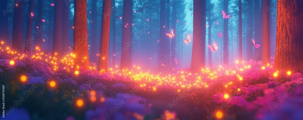Poster vibrant, magical forest scene with glowing lights and colorful foliage. image features whimsical ele