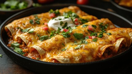 delicious enchiladas topped with cheese sour cream and fresh cilantro