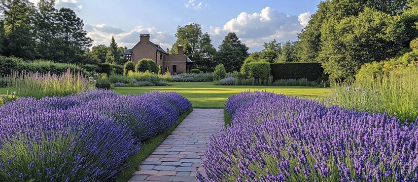 Serene garden pathway lined with vibrant lavender leading to a charming house under a blue sky